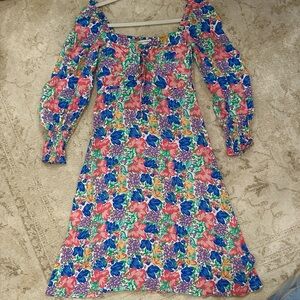 Veronica Beard Meagan Floral Print Belted White Multi Silk Dresss